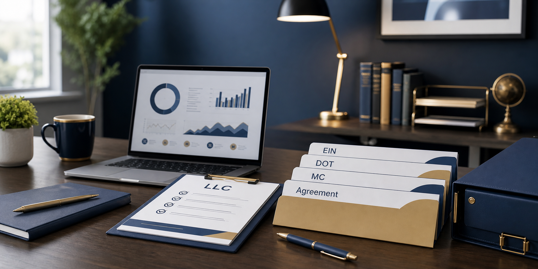 Business formation paperwork and consulting documents on a professional office desk
